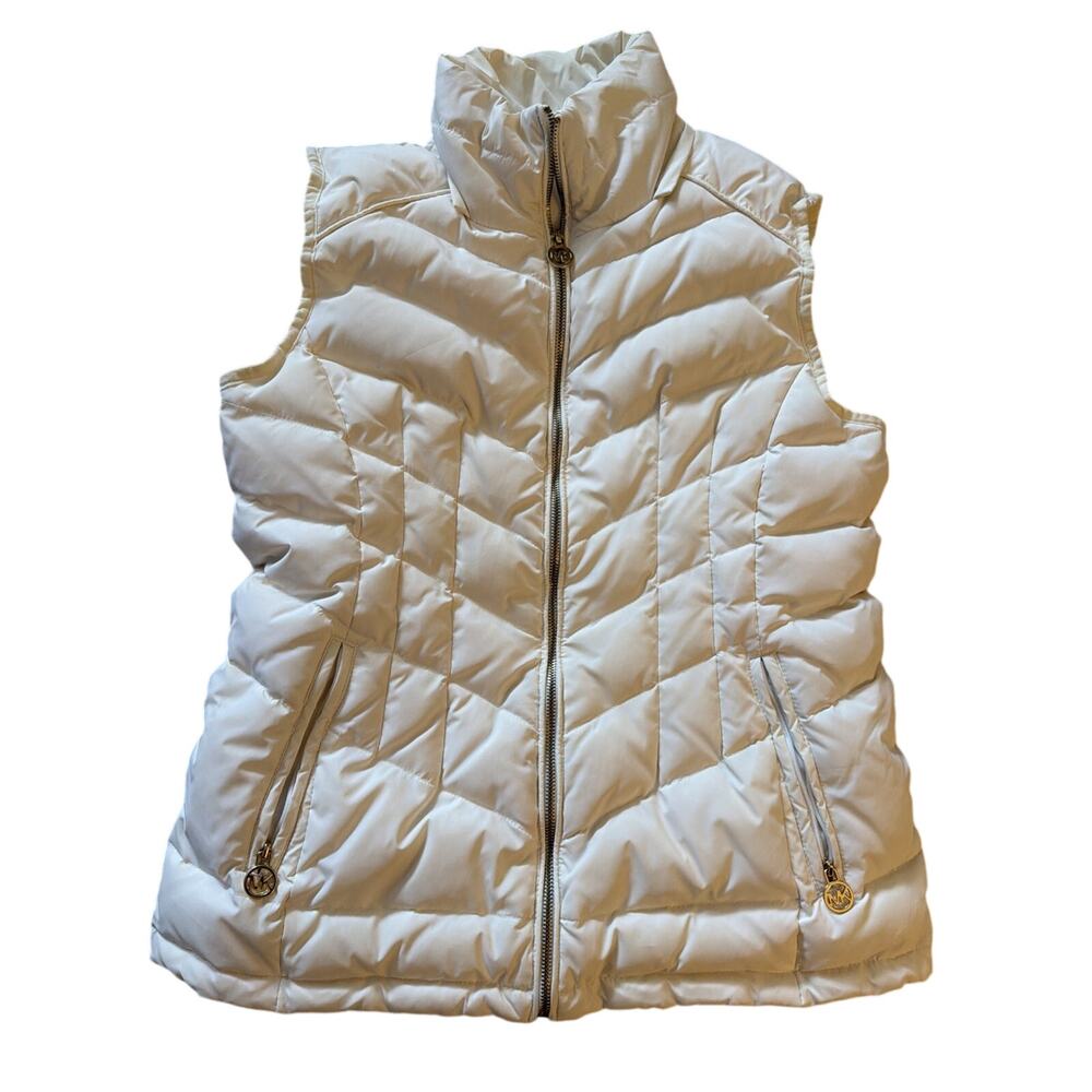 Michael Kors Med Ivory Cream Puffer Quilted Vest MK Gold Charm Zip Women’s $125